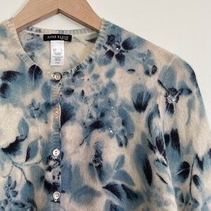 Anne Klein 100% Pure Cashmere Blue Floral Cardigan 3/4 Sleeves Size L